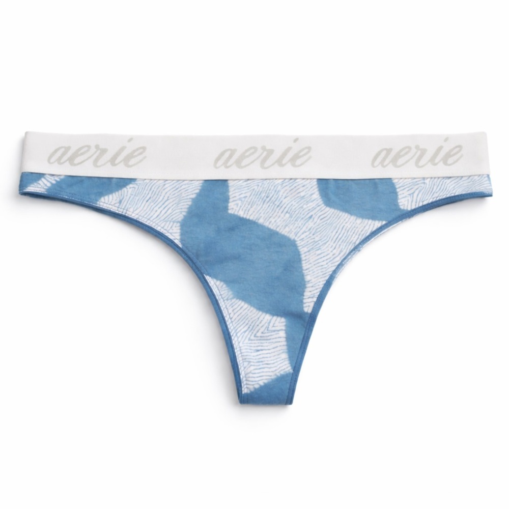 Aerie Superchill Cotton Thong Logo Waistband Underwear Blue White Medium NWT